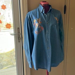 Ladies Denim embroidered with butterflies  blouse. Size Large